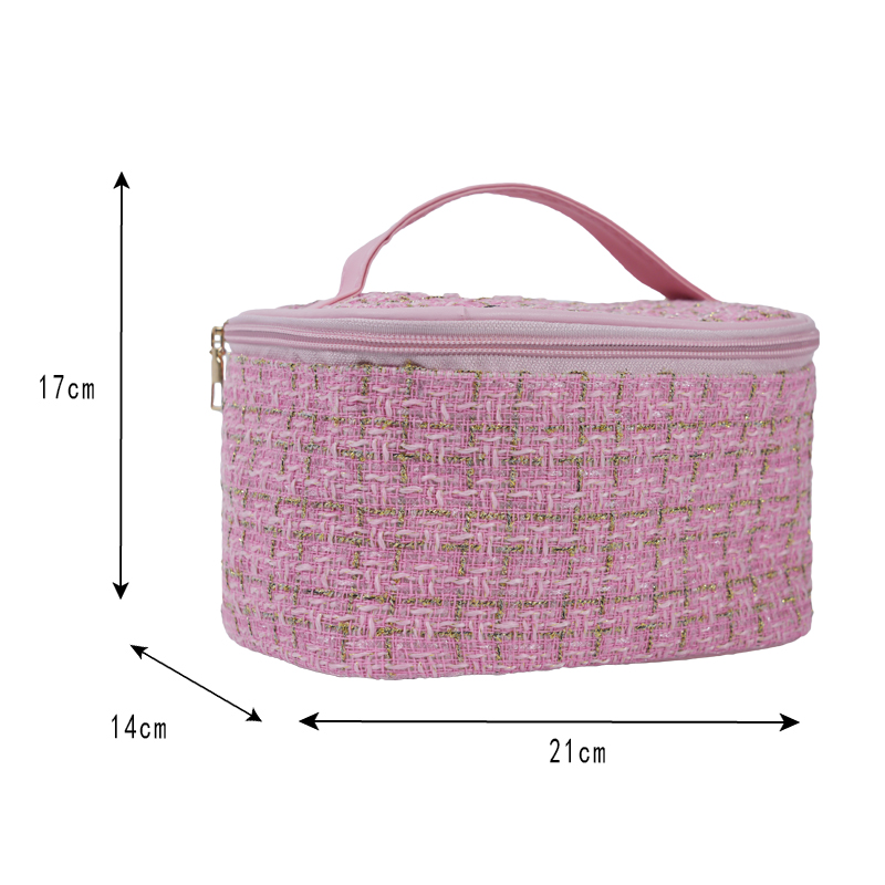 CB034 Private Label Golden Tweed Fabric Square Cosmetic Train Case