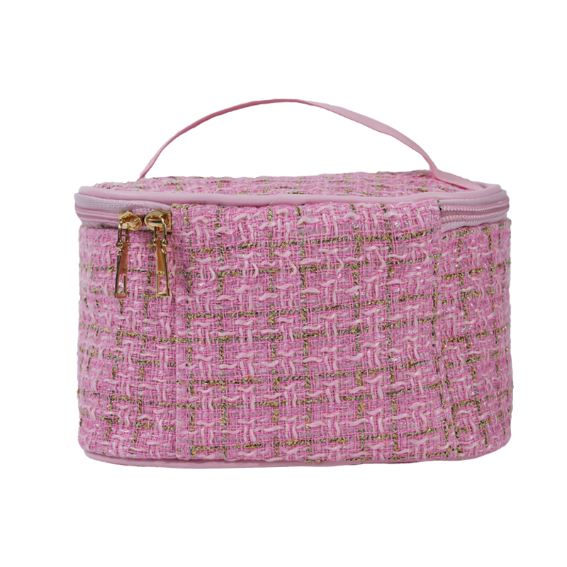 CB034 Private Label Golden Tweed Fabric Square Cosmetic Train Case